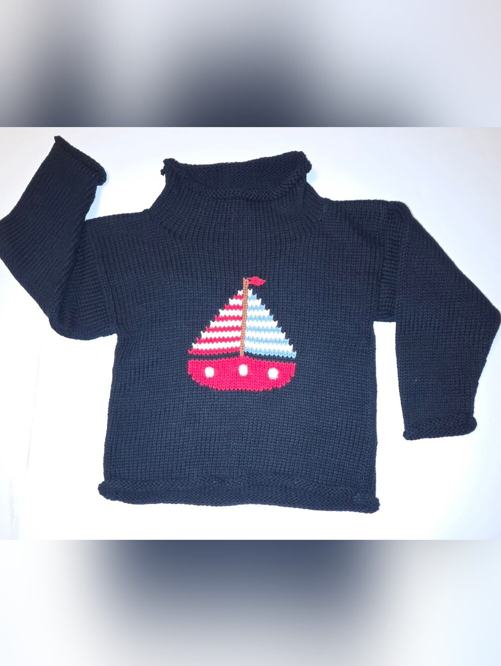 Kids Navy Knit Sweater with Red Sailboat Motif Size 2T - Picture 4 of 10